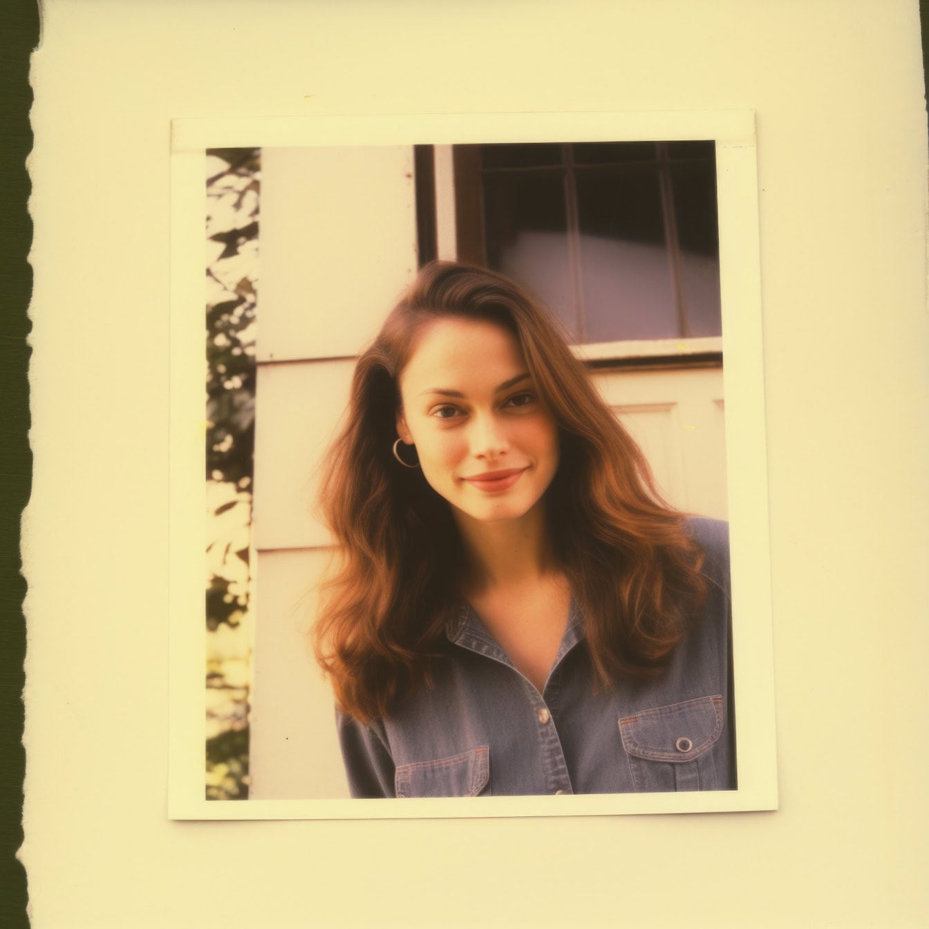 Polaroid picture from a an old photo album of a woman smiling at the camera