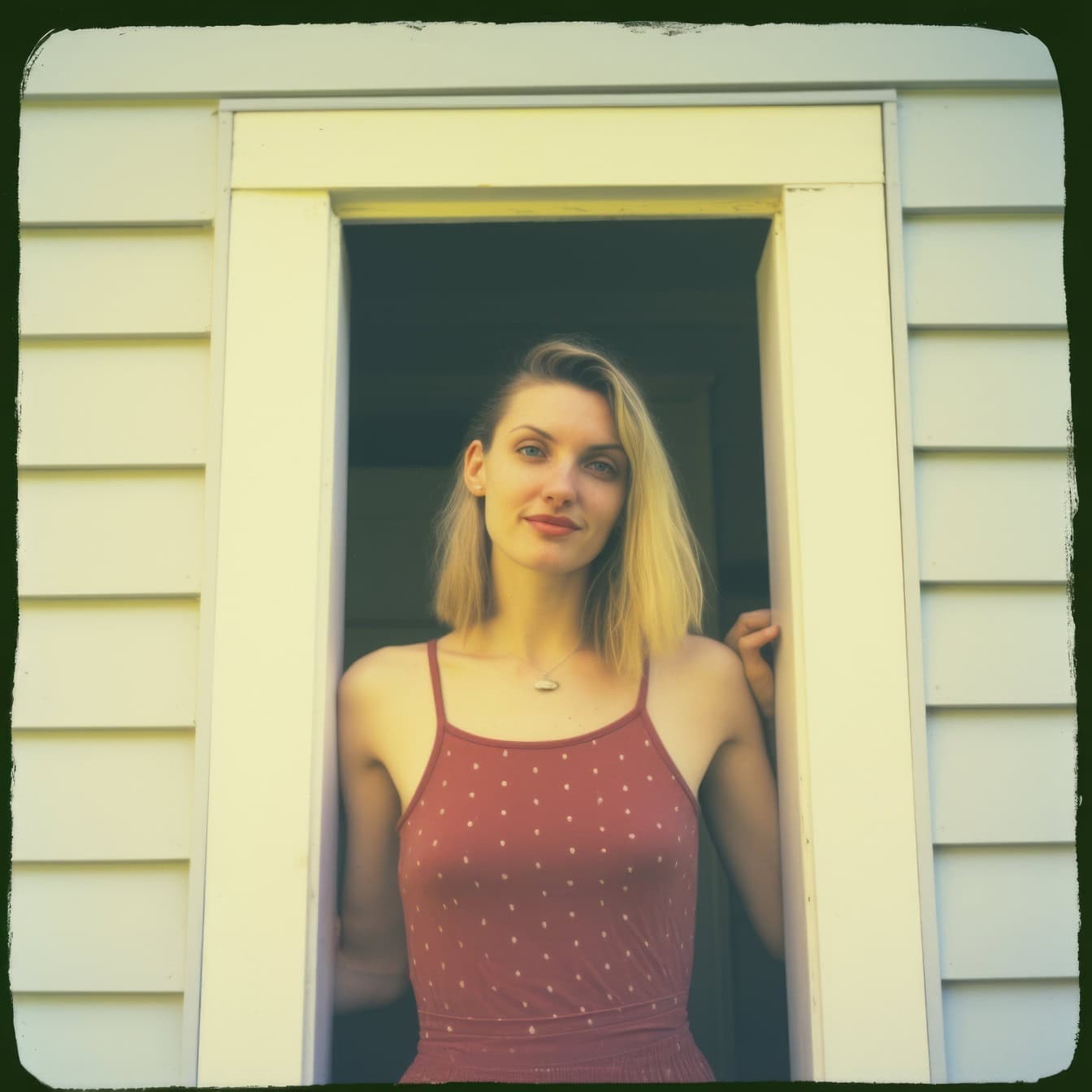 Gammelt polaroidbilde av en blond kvinne som står i en døråpning