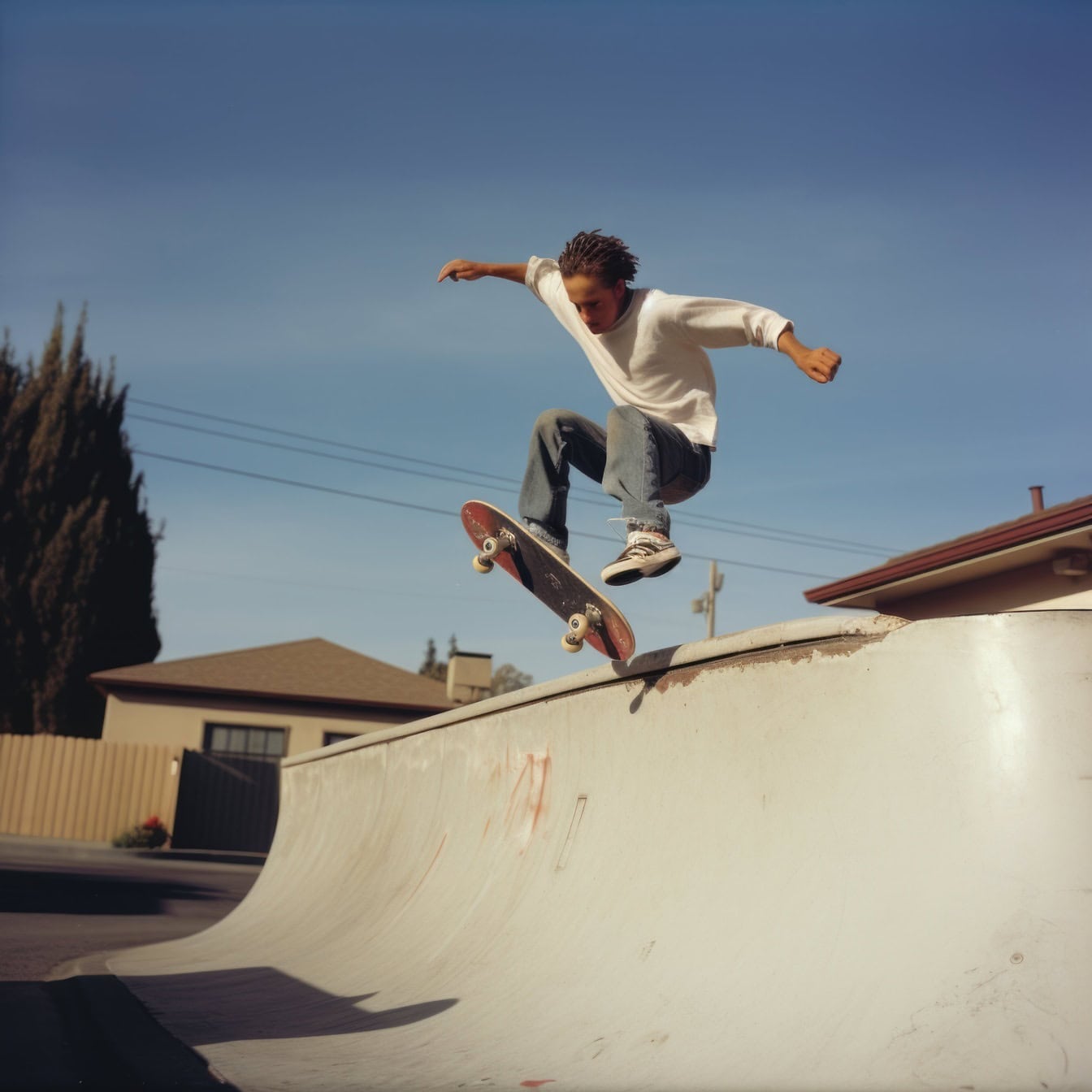 Tínedžer s vykrčenou tvárou skáče so skateboardom na kĺzavej rampe, príklad zlej fotografie vygenerovanej AI