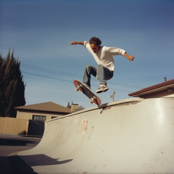 Adolescente salta com skate em rampa deslizante