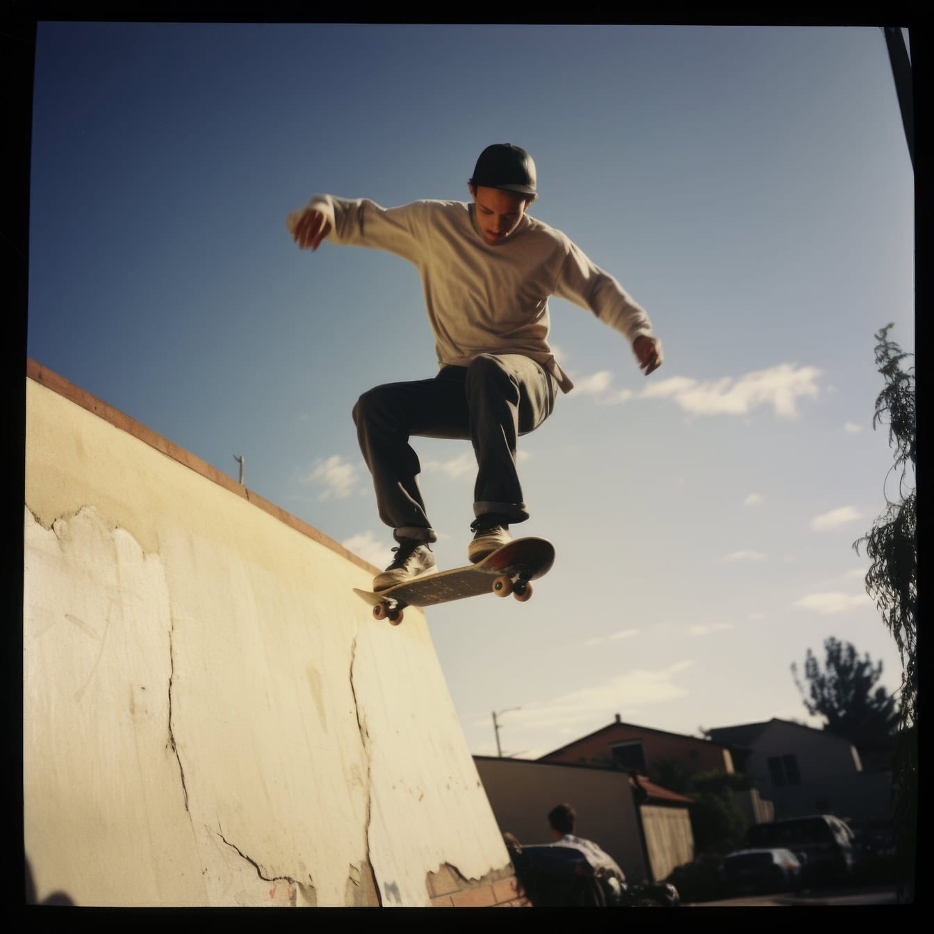 Altes Polaroid-Foto eines jungen Mannes, der wie ein Stuntman von einer Rampe auf einem Skateboard springt