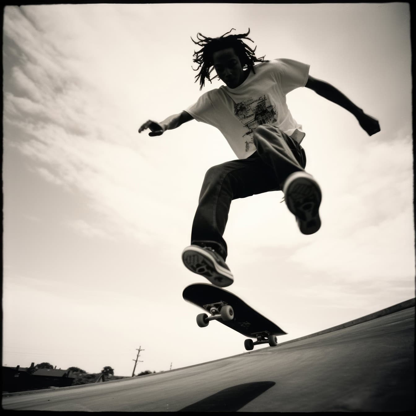 Et sort/hvidt gammelt polaroidfoto af en silhuet af en afroamerikansk mand, der hopper i luften på et skateboard som en stuntman