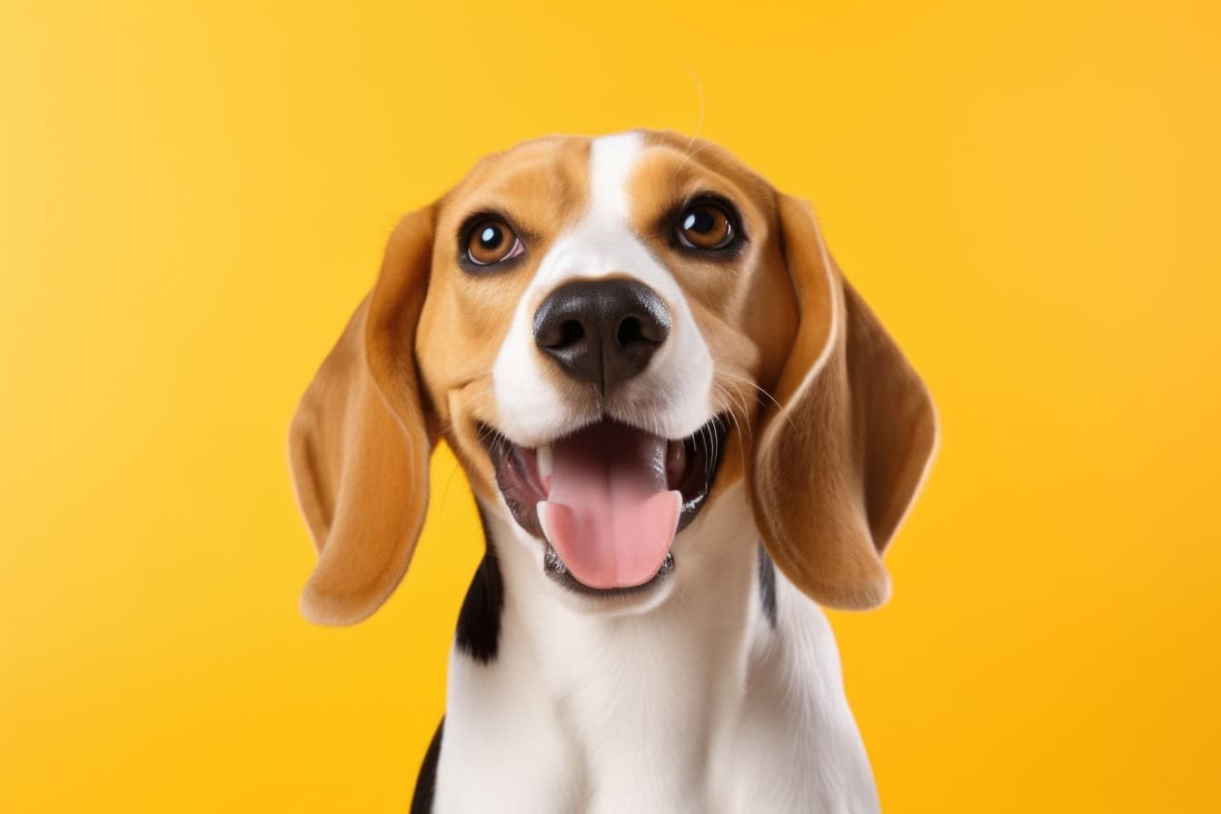 Câine dintr-o rasă beagle care pozează pentru o fotografie cu limba scoasă