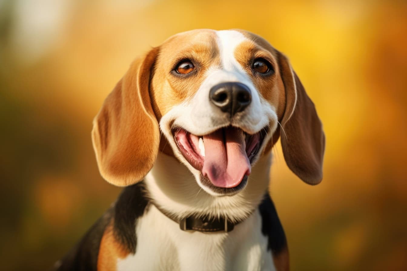 Un câine de vânătoare fericit dintr-o rasă beagle cu limba scoasă