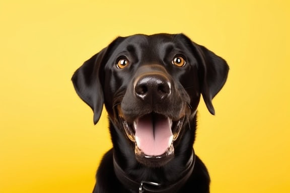 En grafikk av en svart labrador retrieverhund med åpen munn