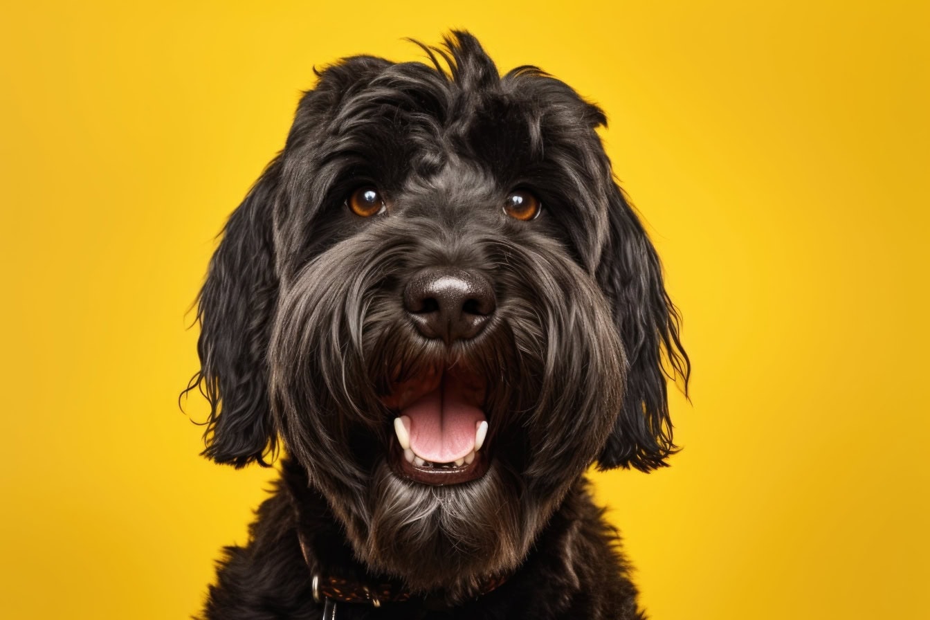 Een zwarte hond van een cockapoo-ras met zijn mond open