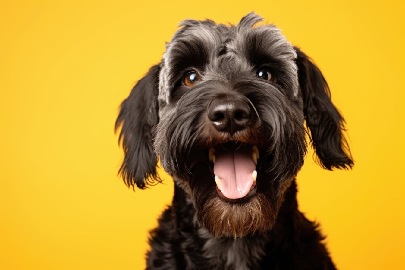 Hond van een Schnoodle-ras met zijn mond open