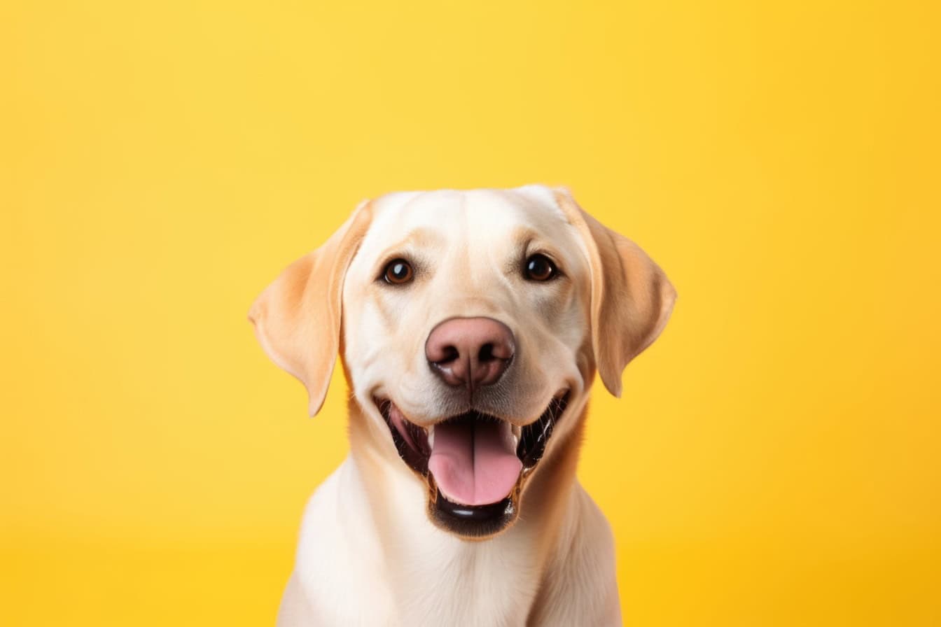 Perro labrador retriever blanquecino con la boca abierta sobre fondo amarillo