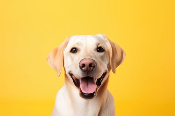 Vitaktig labrador retrieverhund med öppen mun