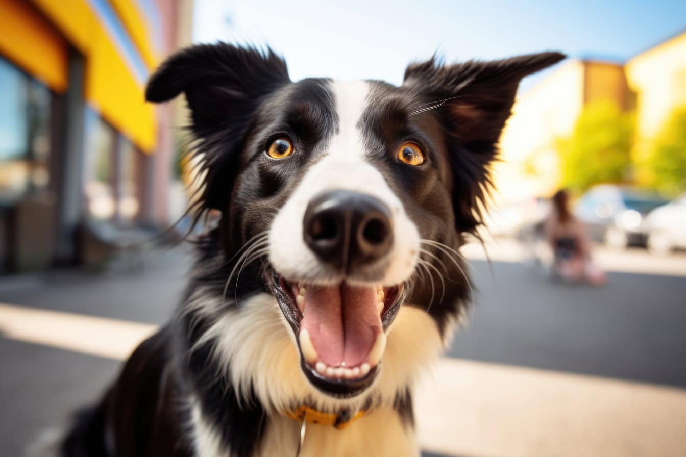 Nærbilde av svart og hvit grense colie gjeterhund med munnen åpen på en gate