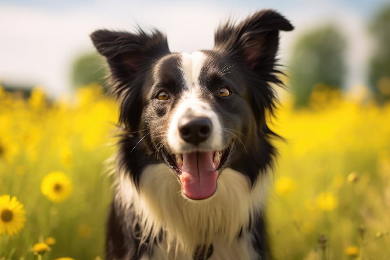 Lähikuva bordercollie-rodun mustavalkoisesta paimenkoirasta, joka seisoo keltaisten kukkien pellolla