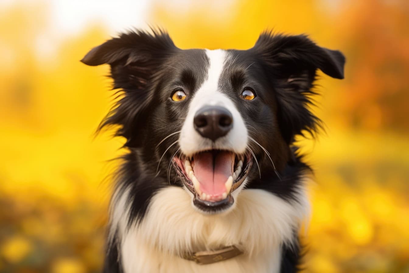 Câine colie de frontieră alb-negru cu gura deschisă