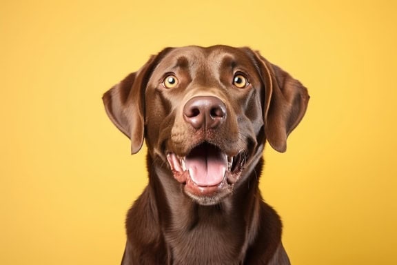 Egy barna labrador kutya, más néven csokoládé labrador retriever, nyitott szájjal