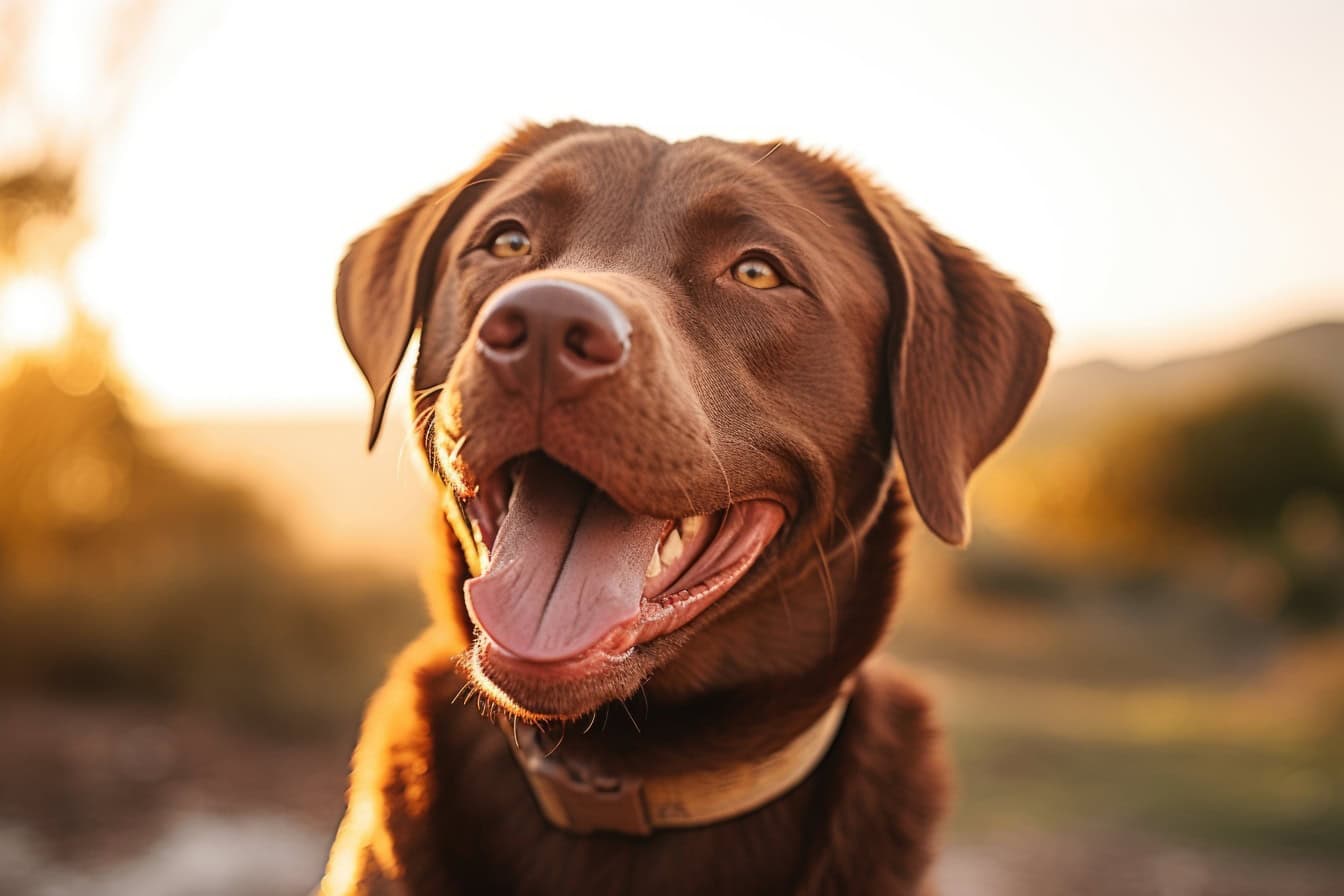 Potret seekor Labrador retriever coklat dengan mulut terbuka di luar pada hari yang cerah