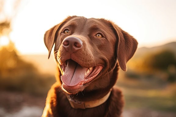 一只棕色拉布拉多猎犬的肖像，在阳光明媚的日子里，它的嘴在外面张开