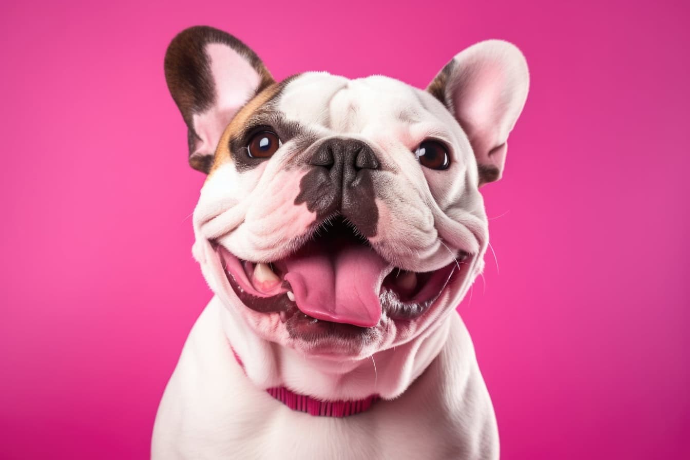 Afbeelding van een witte Franse bulldoghond met zijn tong uit met roze achtergrond