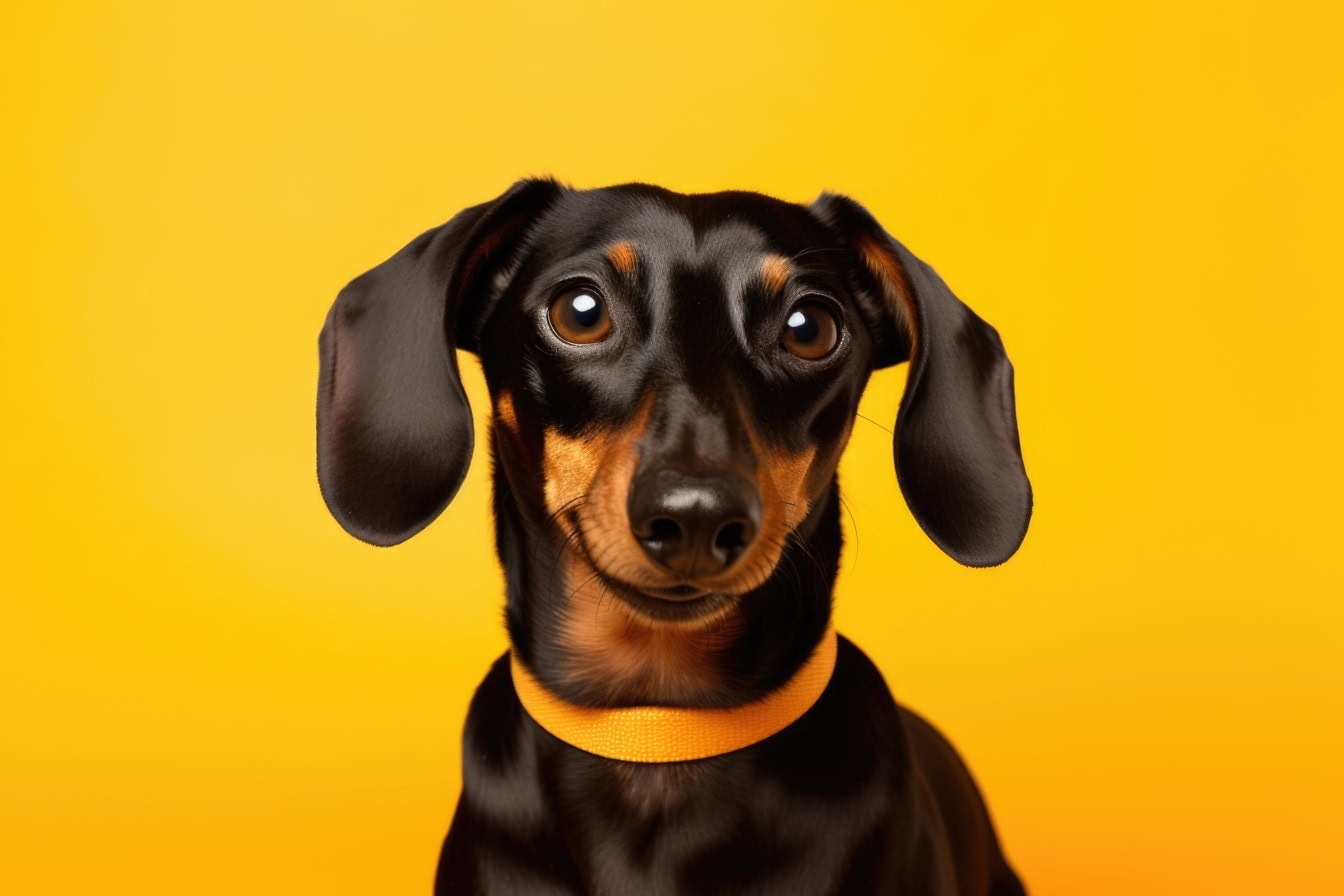 Un cane di una razza bassotto con un collare giallo