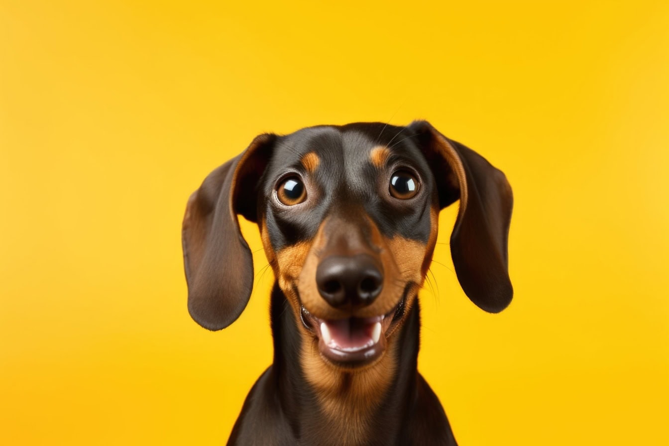 Một dachshund thuần chủng với nụ cười đáng yêu và đôi mắt bóng