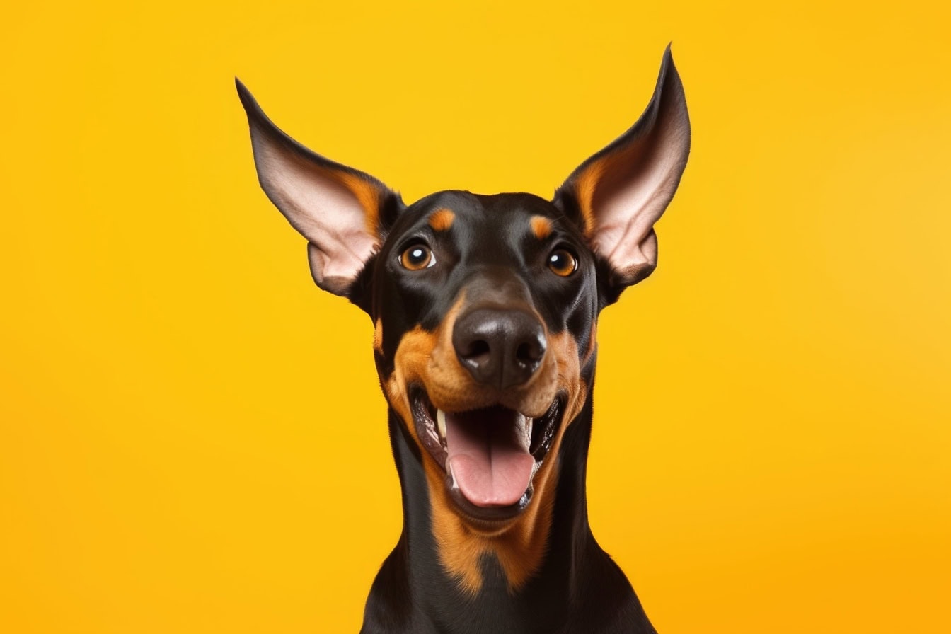 Afbeelding van een Dobermann-hond met zijn mond open op oranje-gele achtergrond