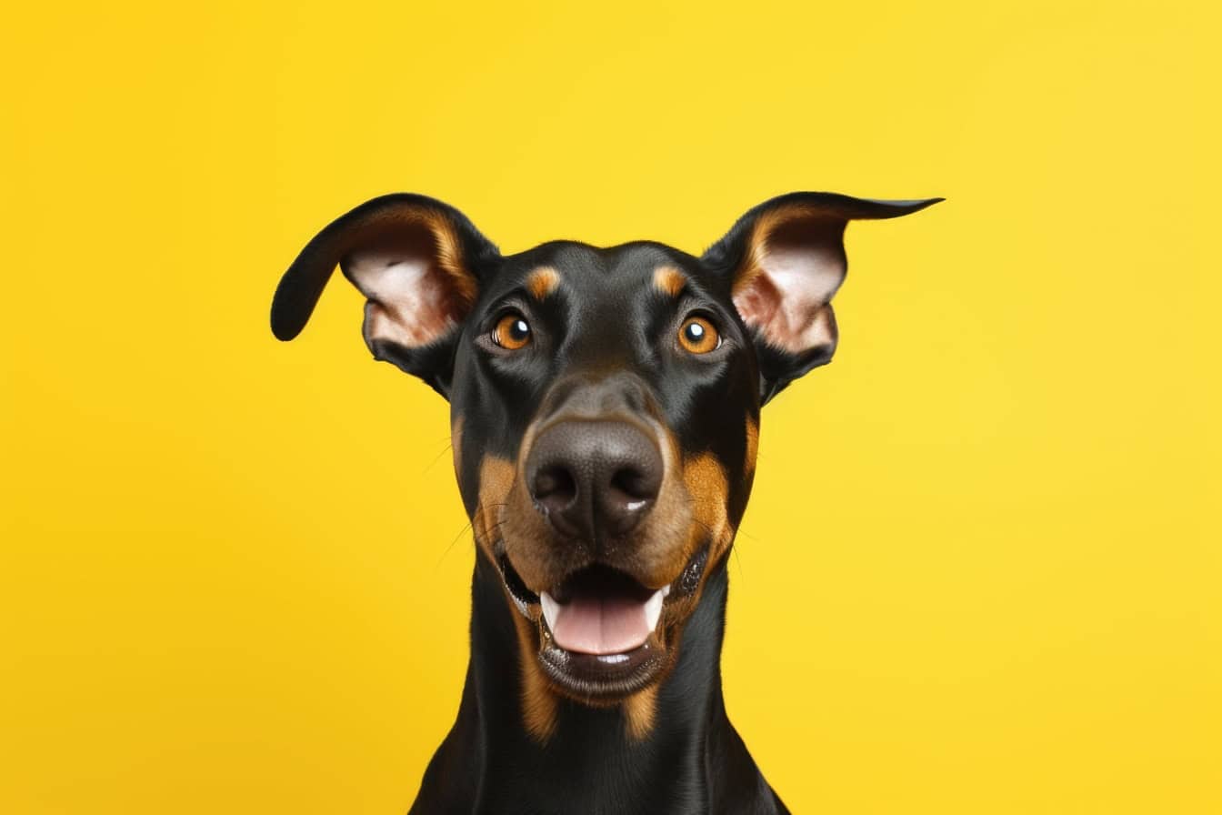 Close-upafbeelding van een Dobermann-hond op gele achtergrond