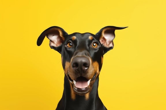 Крупный план собаки добермана на желтом фоне