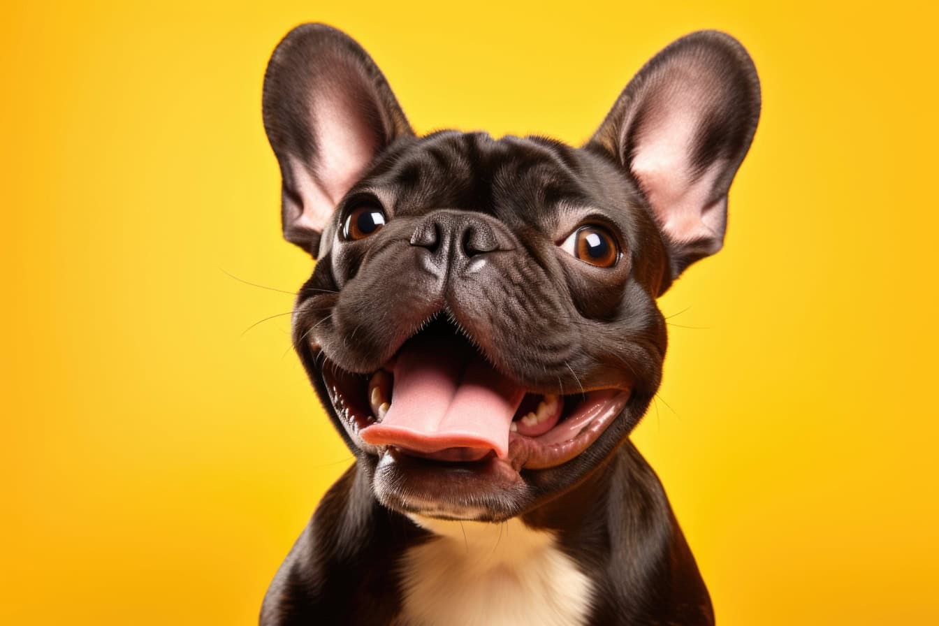 Suloinen ranskanbulldoggikoira, jolla on iso kieli suussa auki