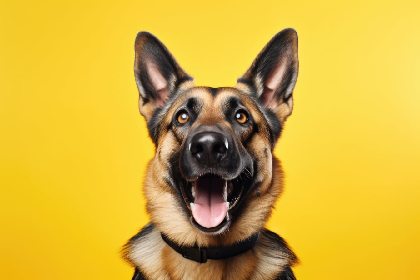 Seekor anjing gembala Jerman dengan mulut terbuka