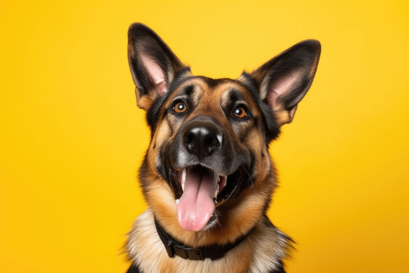 Porträtt av en renrasig tysk herdehund med öppen mun på gul bakgrund