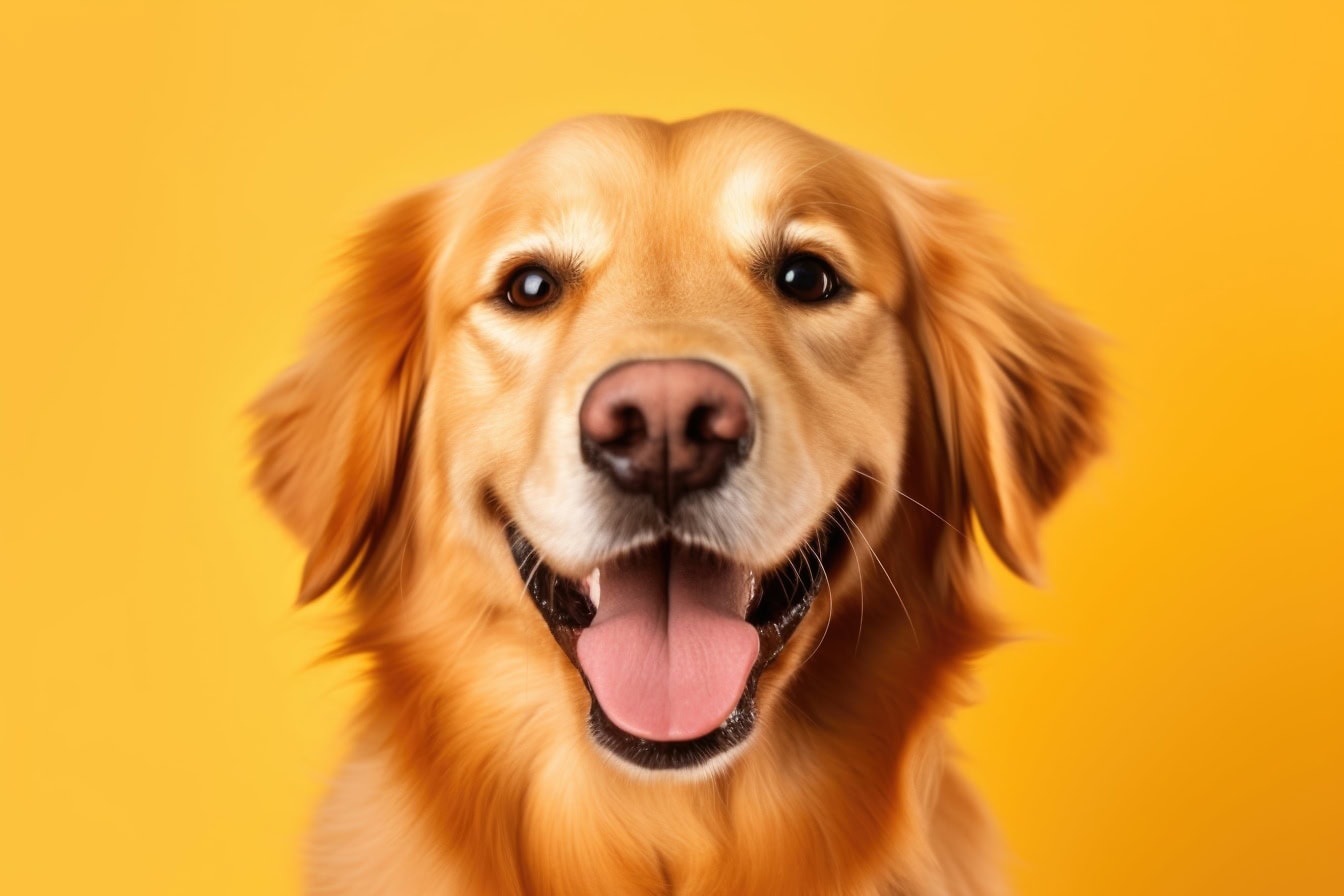 Close-up de um cão golden retriever felizmente sorridente com fundo amarelo