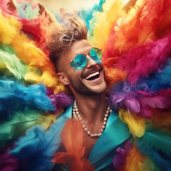 Smiling young man with colorful feathers wearing a pearl necklace on a carnival, an illustration of freedom and happiness