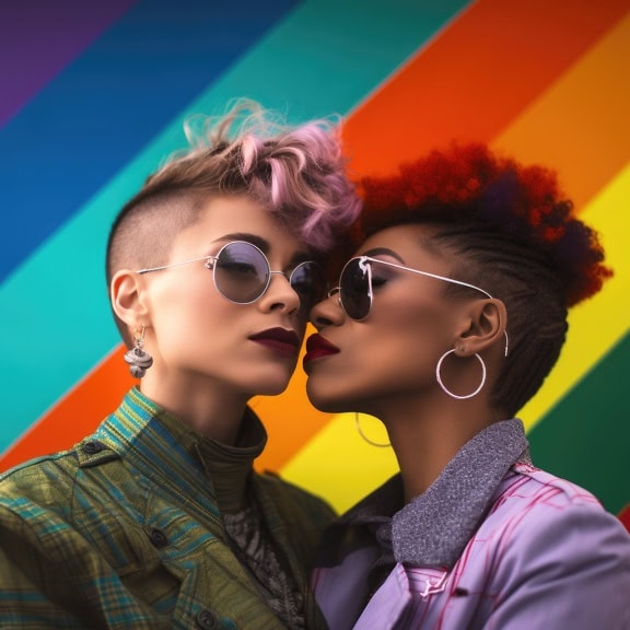 Două adolescente lesbiene cu fundal în culorile curcubeului, o ilustrare a libertății comunității LGBT