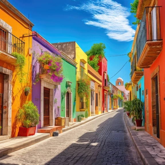 Grafică a unei străzi mexicane într-o parte istorică a unui oraș cu case în culori vii