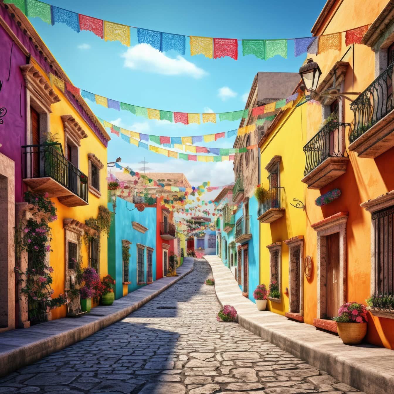 En meksikansk bygate med fargerike bygninger og flagg
