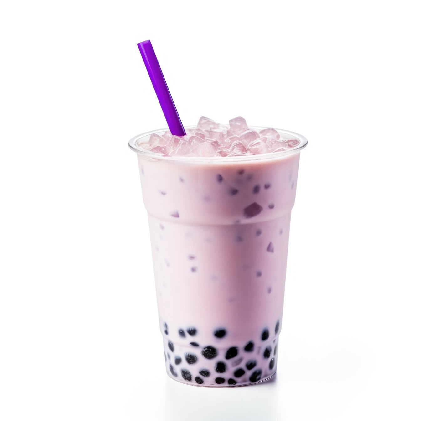 A plastic cup of fresh cold milk tea flavored Taro with sweet vanilla and ice and a purple drinking straw