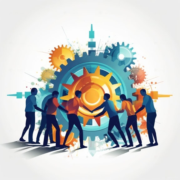 A group of people holding hands around a machine with gears, an illustration of working together and collaboration