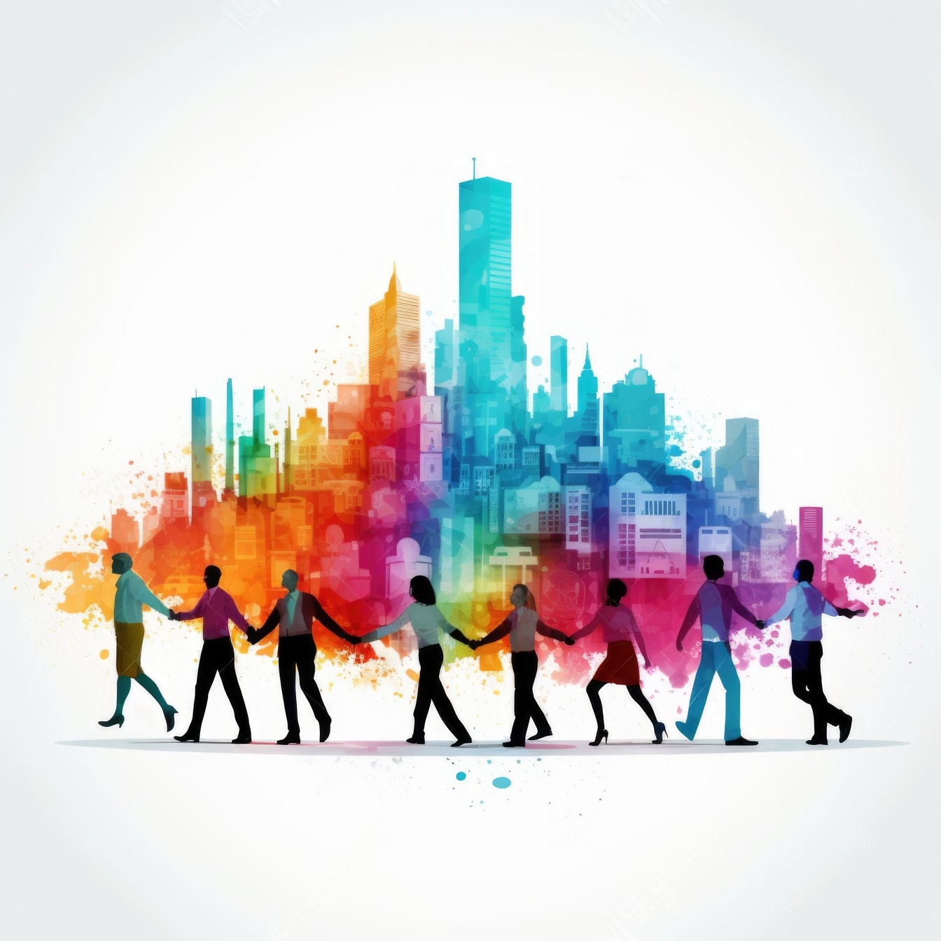 A colorful graphic of multiethnic group of people holding hands, an illustration of diversity and collaboration and togetherness