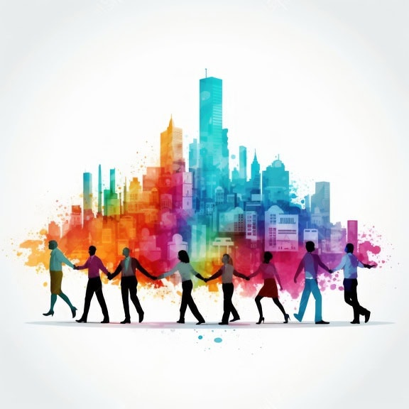 Kolorowa grafika przedstawiająca wieloetniczną grupę ludzi trzymających się za ręce, ilustracja różnorodności, współpracy i wspólnoty