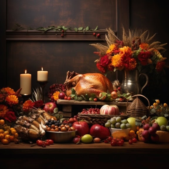 Table de dîner de Thanksgiving avec de la dinde rôtie et divers fruits et fleurs dans un vase, un modèle de composition de nature morte idéal