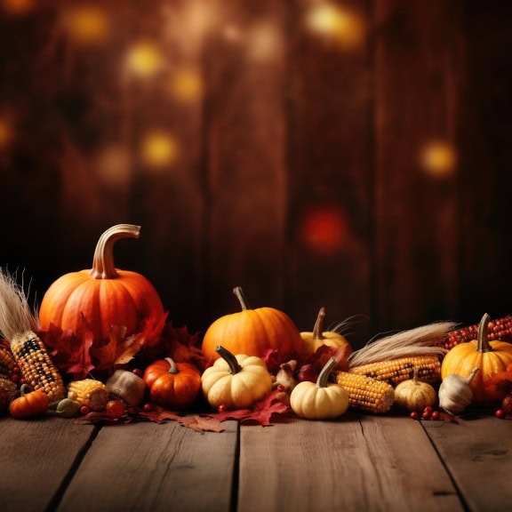 Abóboras, cabaças e milho do outono em uma tabela de madeira