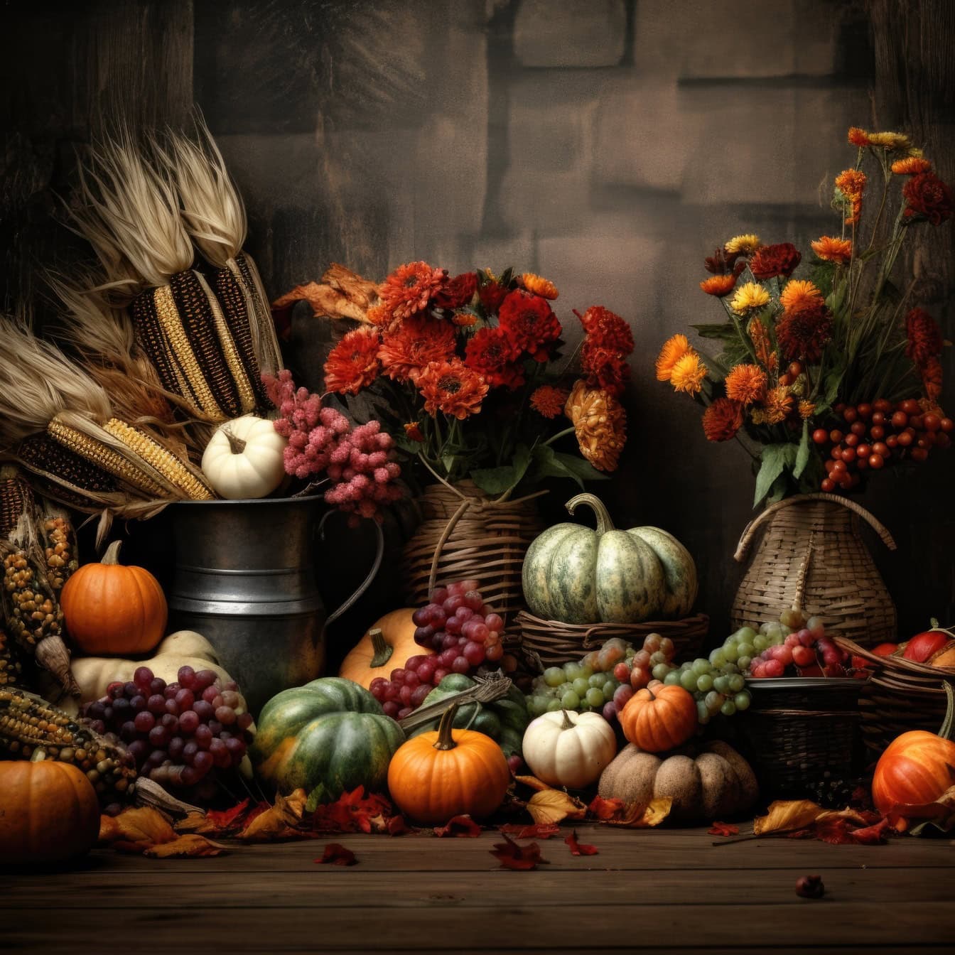 Νεκρή φύση γραφικό με συγκομιδή φθινοπωρινών λαχανικών και φρούτων, μια απεικόνιση του προτύπου ευχαριστιών