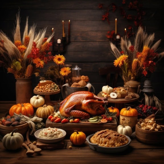 Gebratener Truthahn auf einem Tisch mit anderen Thanksgiving-Speisen und Blumen, eine Illustration des Thanksgiving-Abendessens