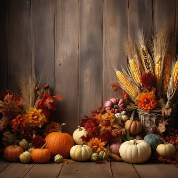 Still life style thanksgiving graphic with pumpkins and corn cobs