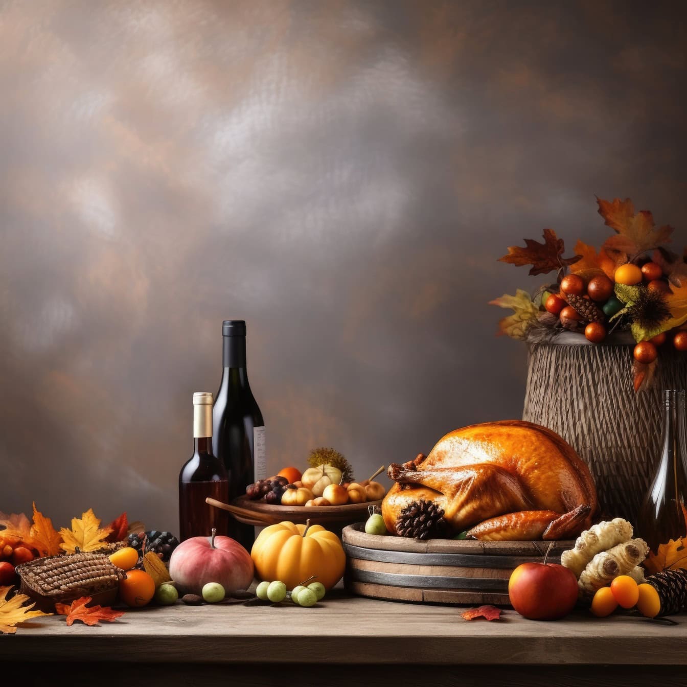 Stół z butelkami jedzenia i wina, ilustracja kolacji dziękczynnej
