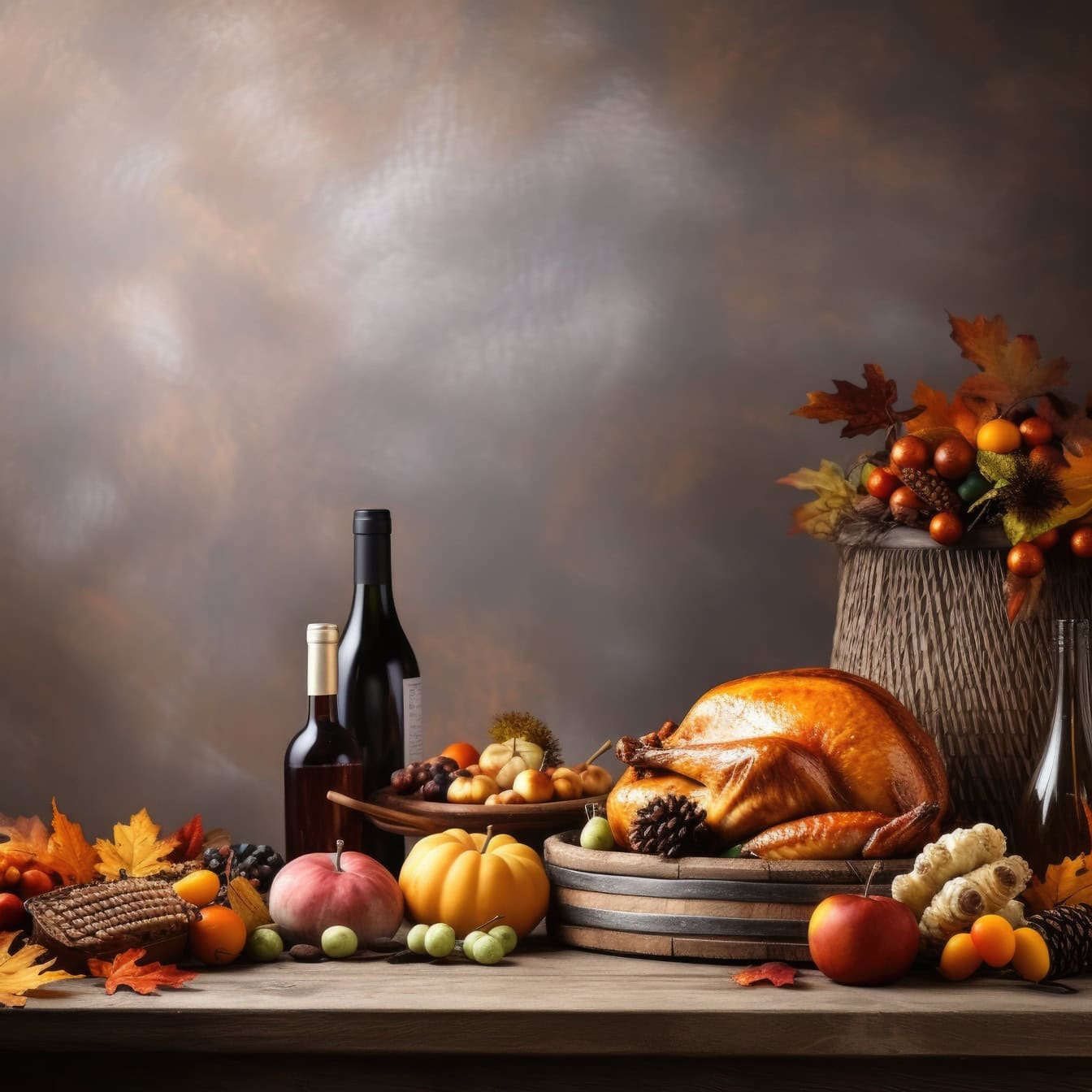 Table avec des bouteilles de nourriture et de vin, une illustration du dîner de Thanksgiving