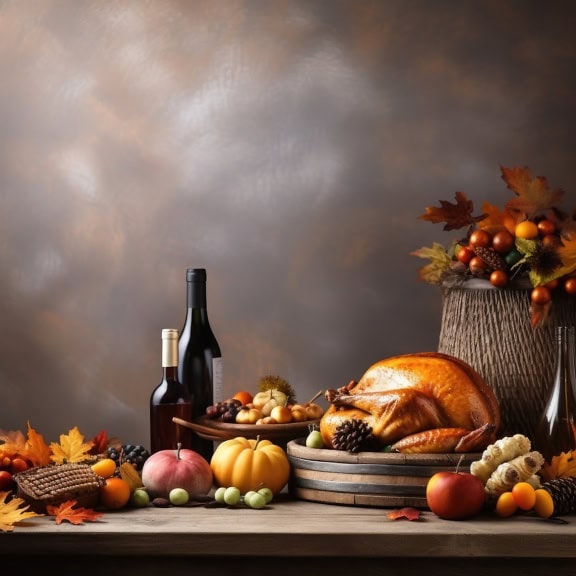 食べ物とワインのボトル、感謝祭のディナーのイラストが描かれたテーブル