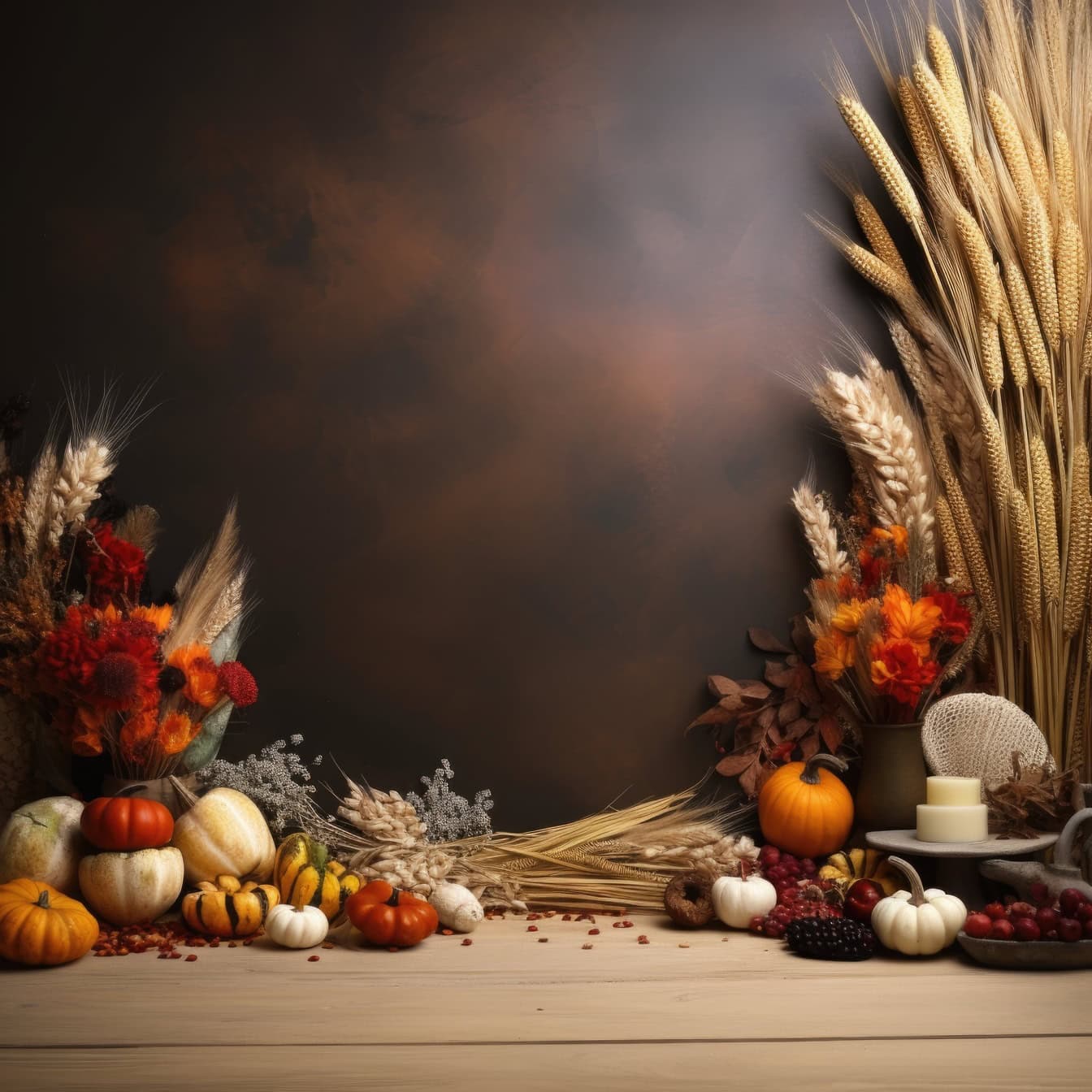 Calabazas y trigo sobre una mesa, una ilustración de la plantilla de acción de gracias con una composición de naturaleza muerta