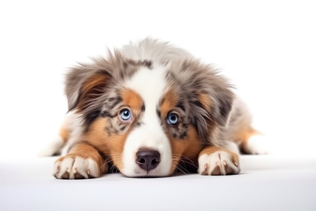 白い背景に横たわる青い目を持つ茶色と白のオーストラリアンシェパード犬