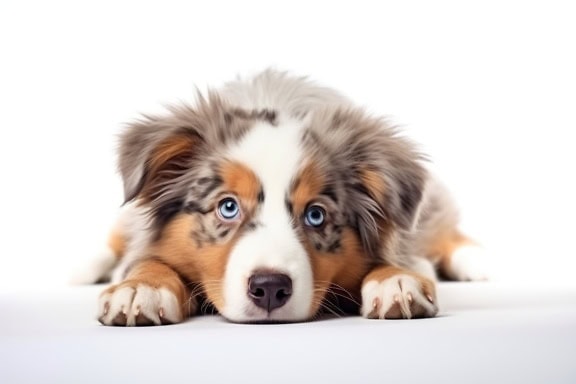 갈색과 흰색 호주 셰퍼드 개는 흰색 배경에 누워있는 파란 눈을 가지고 있습니다