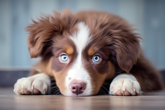 สุนัข Australian Shepherd สีน้ําตาลและสีขาวที่น่ารักที่มีดวงตาสีฟ้านอนอยู่บนพื้น