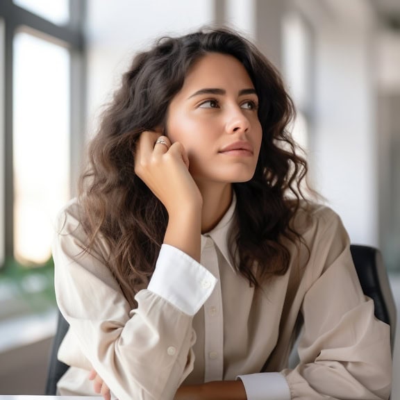 Portret van een mooie nadenkende zakenvrouw zittend bij een bureau in het secretaressekantoor